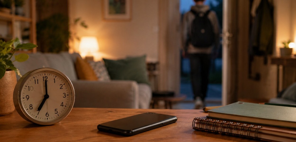 Teléfono apagado junto a un reloj y cuadernos mientras un adolescente sale de la habitación
