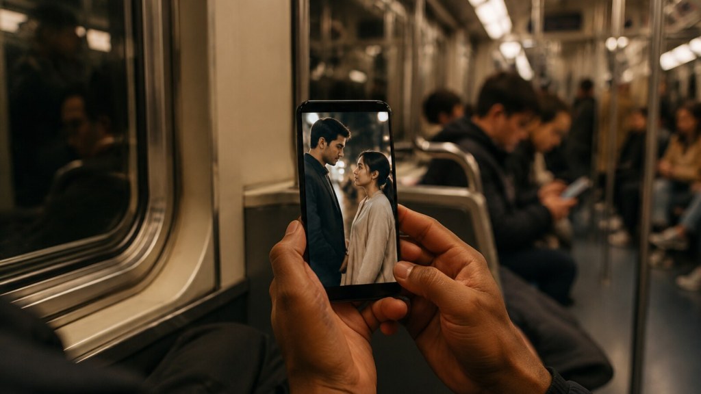 Persona adulta viendo una serie vertical desde un teléfono durante un trayecto