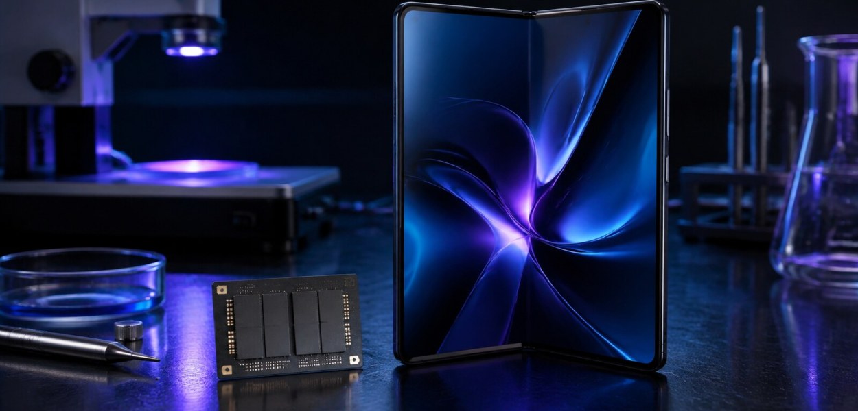 Teléfono plegable junto a un módulo de memoria en un laboratorio tecnológico