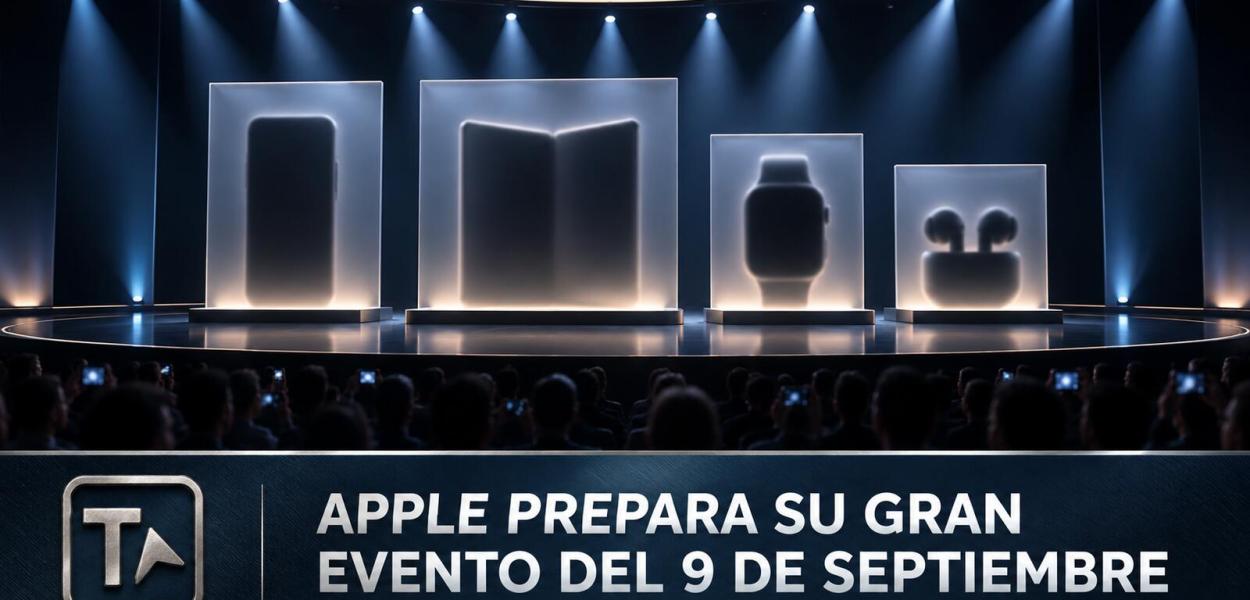 Escenario de una presentación tecnológica con varios dispositivos ocultos y el titular del evento de Apple