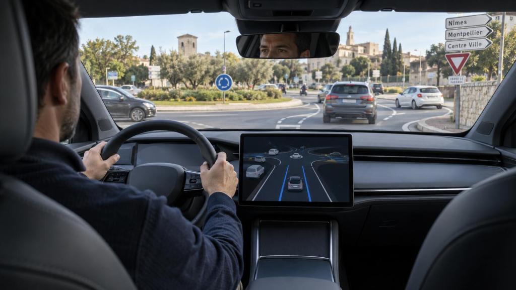 Conductor atento al volante mientras un sistema de asistencia representa los carriles y vehículos de una rotonda francesa