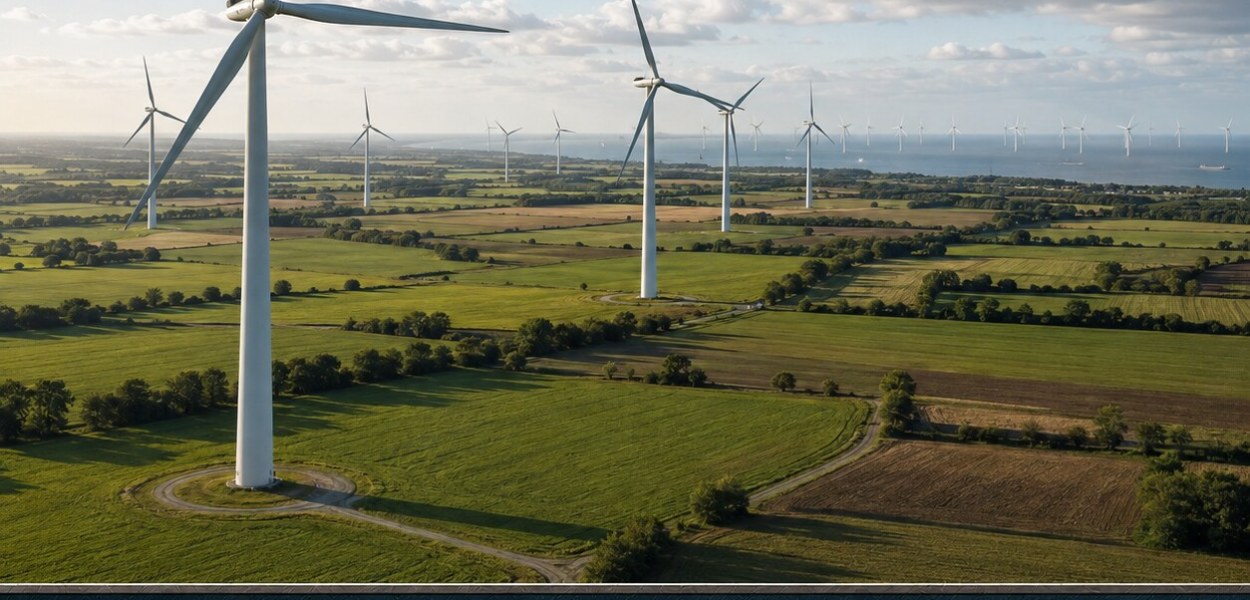 Parque eólico europeo con el titular sobre los 8,8 GW instalados y el logotipo de TecnoAp21