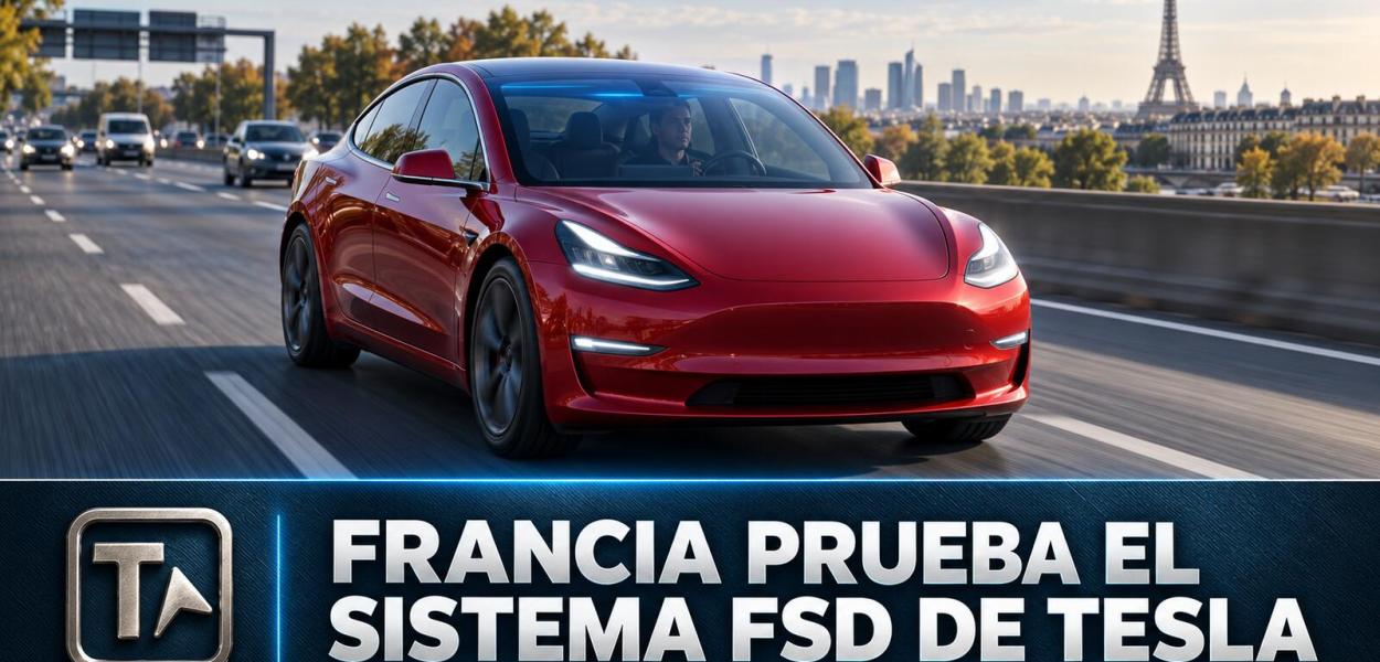 Automóvil eléctrico circulando por una carretera de París durante las pruebas francesas del sistema FSD