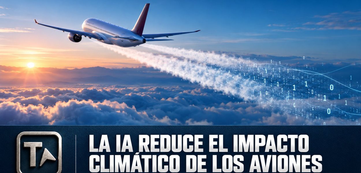 Avión comercial sobre las nubes con una estela transformada en datos y portada corporativa de TecnoAp21