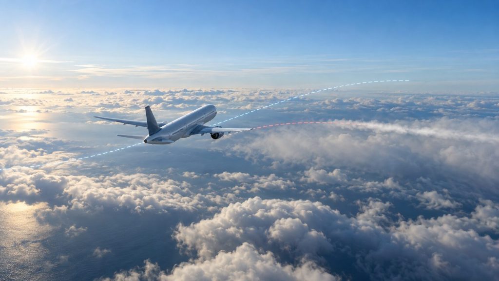 Avión comercial que modifica ligeramente su trayectoria para evitar una estela de condensación persistente