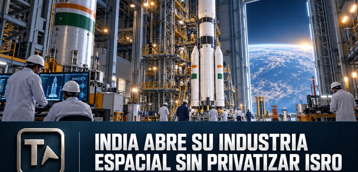 Cohete integrado en una instalación aeroespacial india con el titular sobre la apertura de la industria espacial
