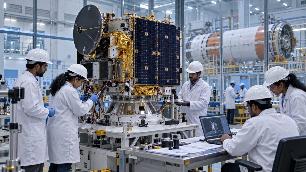 Equipo de ingenieros indios trabajando en la integración de un satélite dentro de una instalación aeroespacial