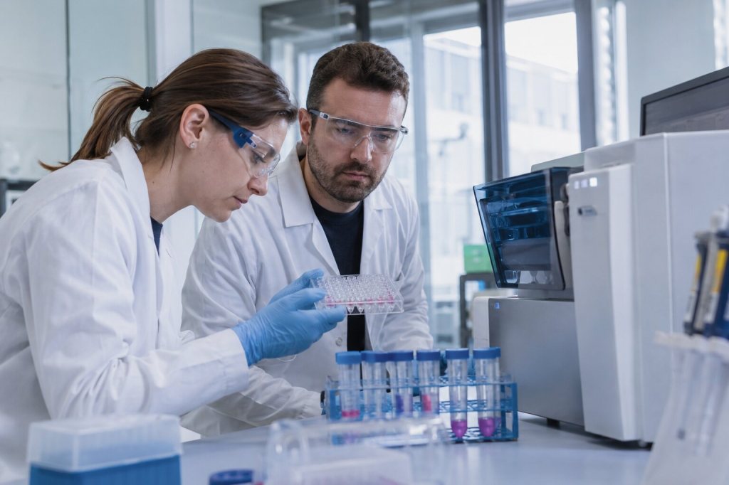 Dos investigadores analizan muestras durante el desarrollo de una vacuna de ARN mensajero contra la gripe