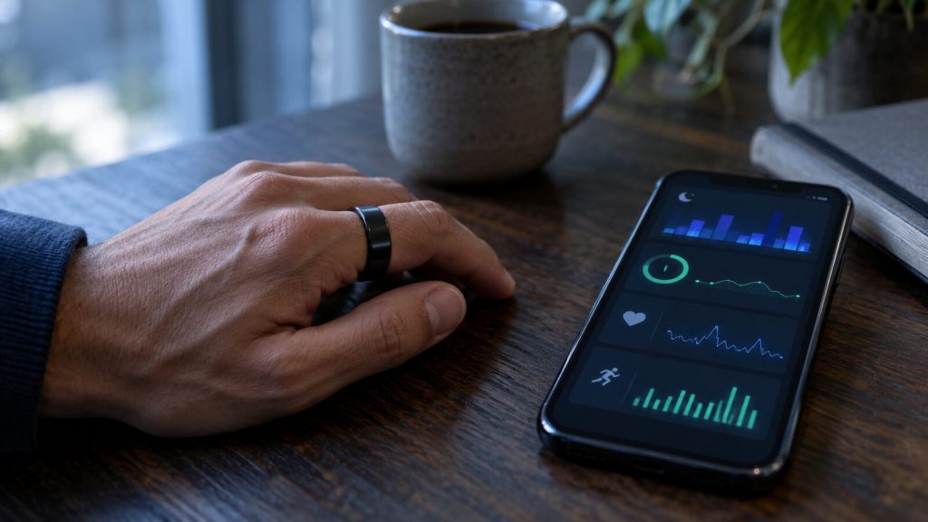 Persona con un anillo inteligente junto a un teléfono que muestra datos de sueño, pulso y actividad
