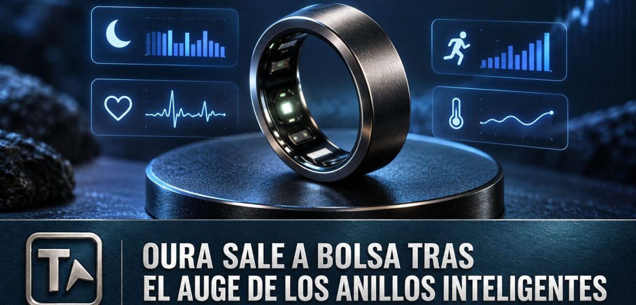 Anillo inteligente rodeado de indicadores de salud y titular sobre la salida a bolsa de Oura