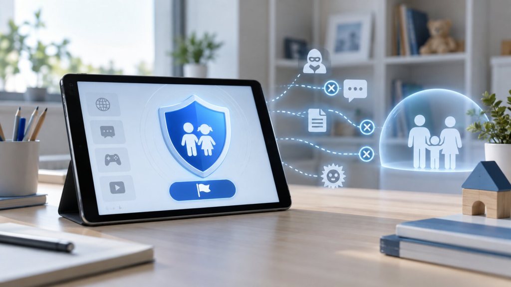 Tableta con un escudo de protección infantil y herramientas digitales de denuncia y bloqueo