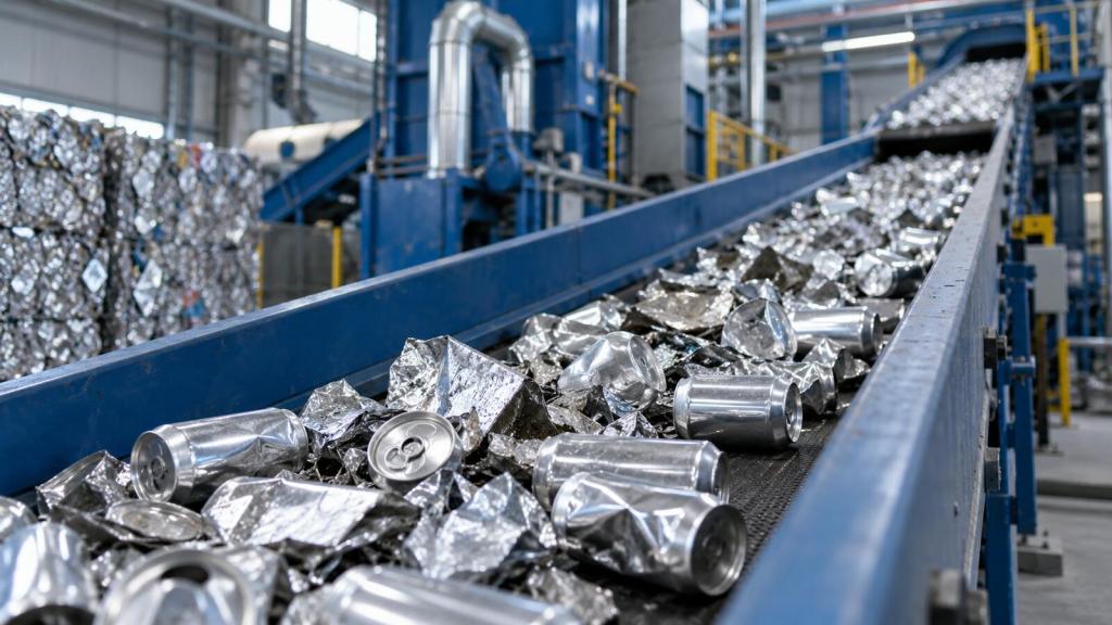 Latas y restos de aluminio avanzan por una cinta transportadora en una planta de reciclaje