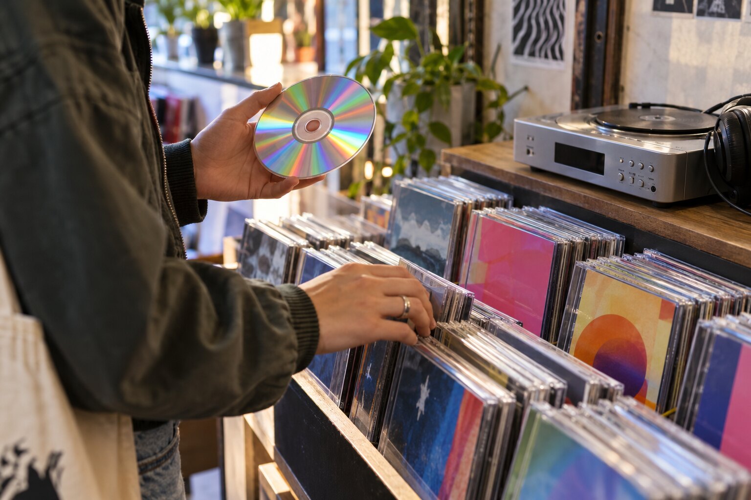 Persona examinando discos compactos en una tienda de música
