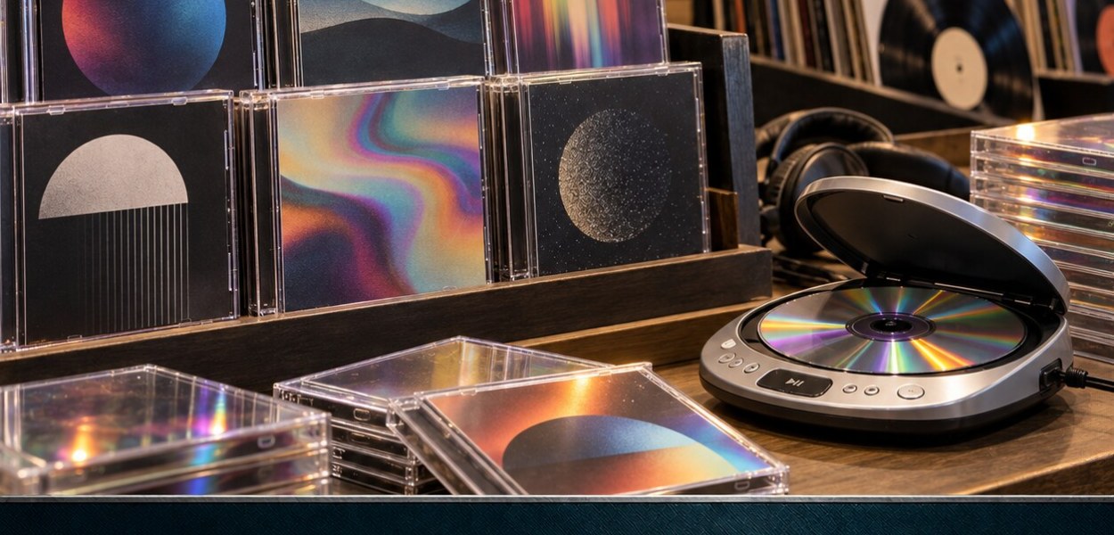 Discos compactos y reproductor de CD con el titular sobre el crecimiento de sus ventas