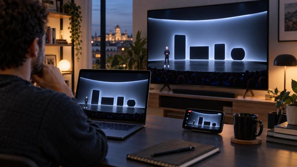 Persona siguiendo desde casa una presentación tecnológica retransmitida en un televisor, un portátil y un teléfono