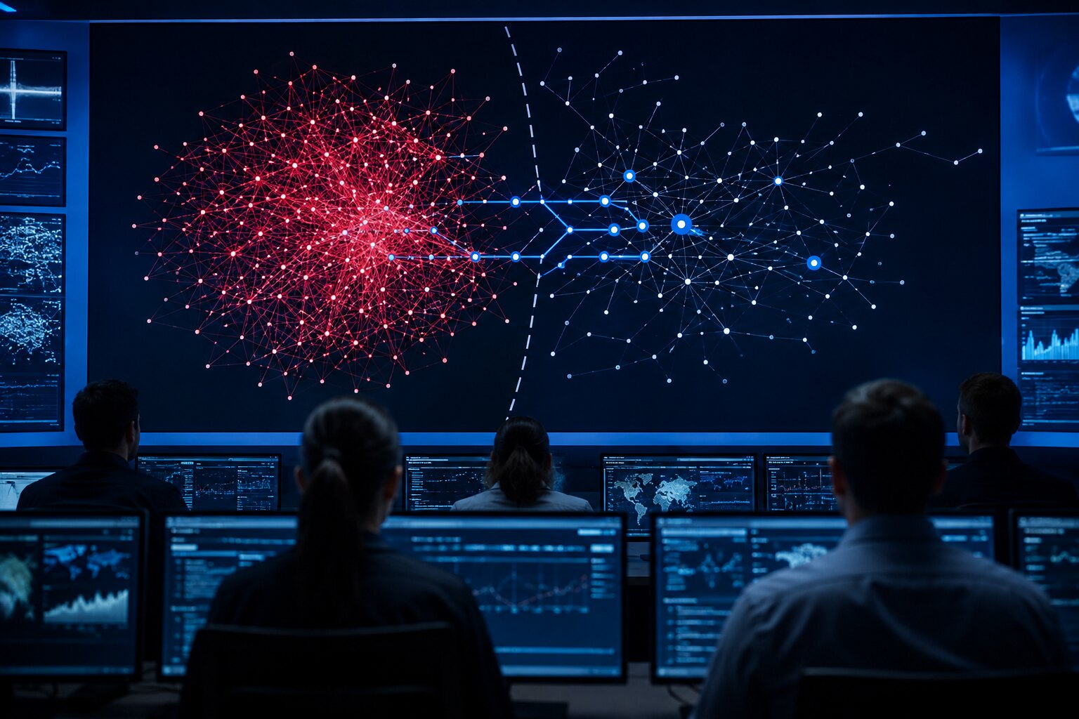 Centro de operaciones de ciberseguridad analizando el aislamiento de una botnet