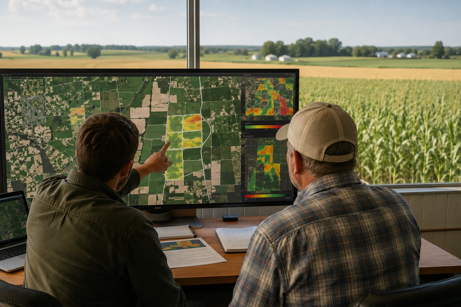 Agricultor y analista examinando mapas de cultivos obtenidos por satélite