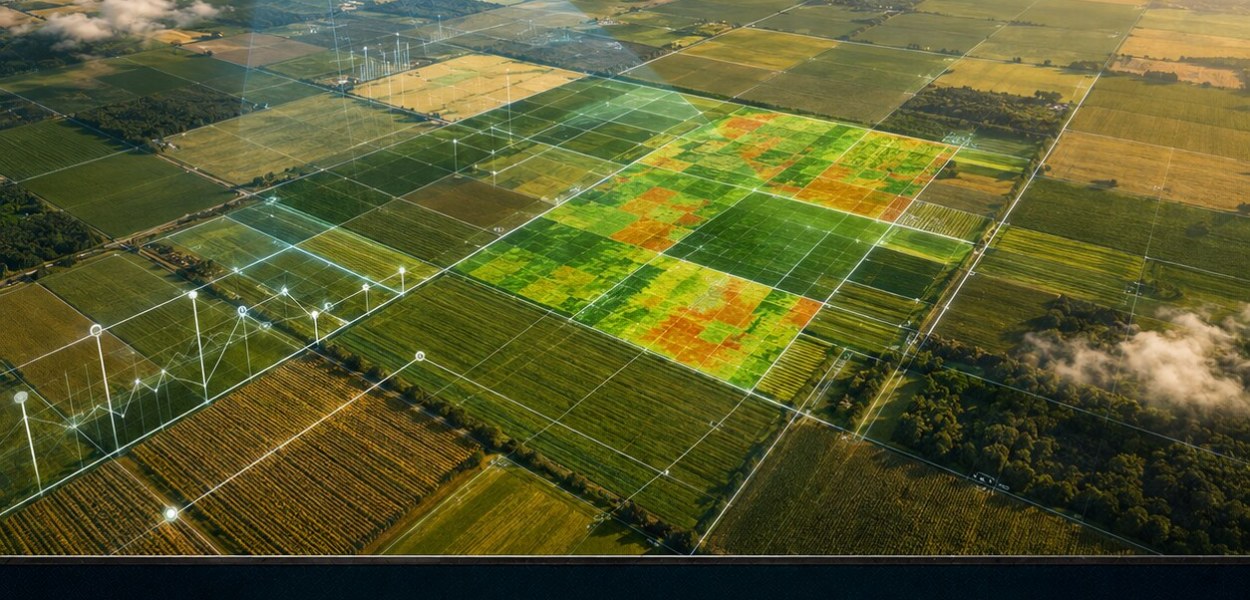 Satélite observando campos agrícolas con el titular de la noticia