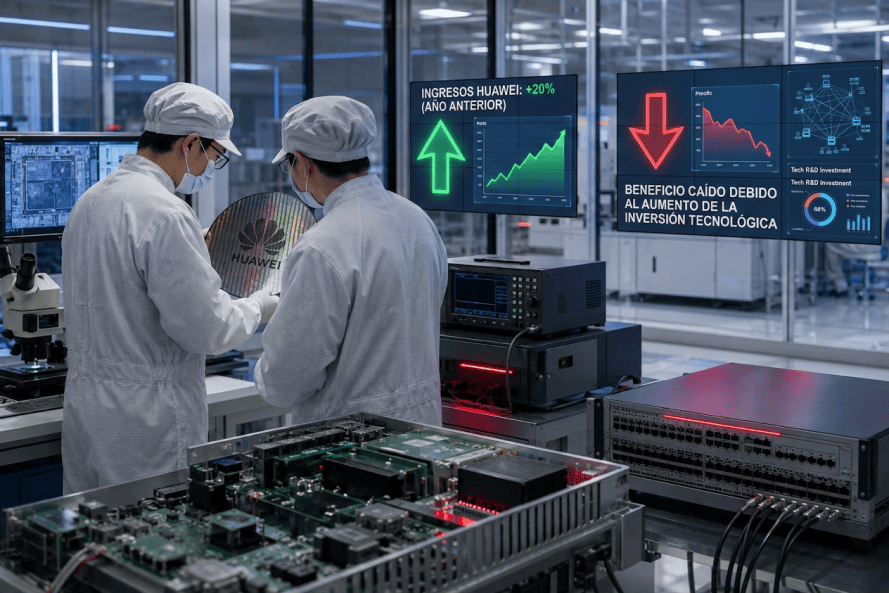 Dos investigadores examinan una oblea de semiconductor en un laboratorio tecnológico