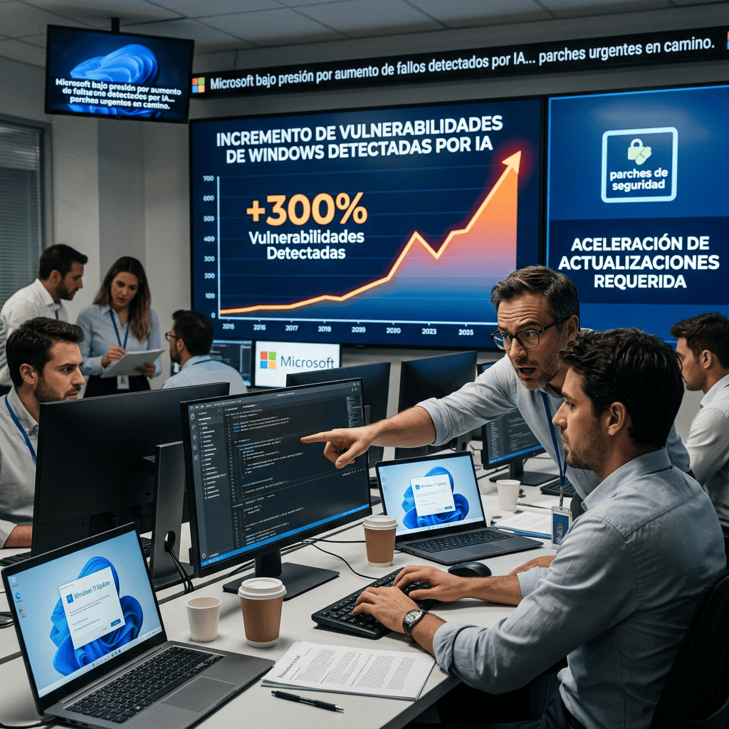 Equipo analiza vulnerabilidades de Windows; pantalla muestra aumento del 300% y parches urgentes.