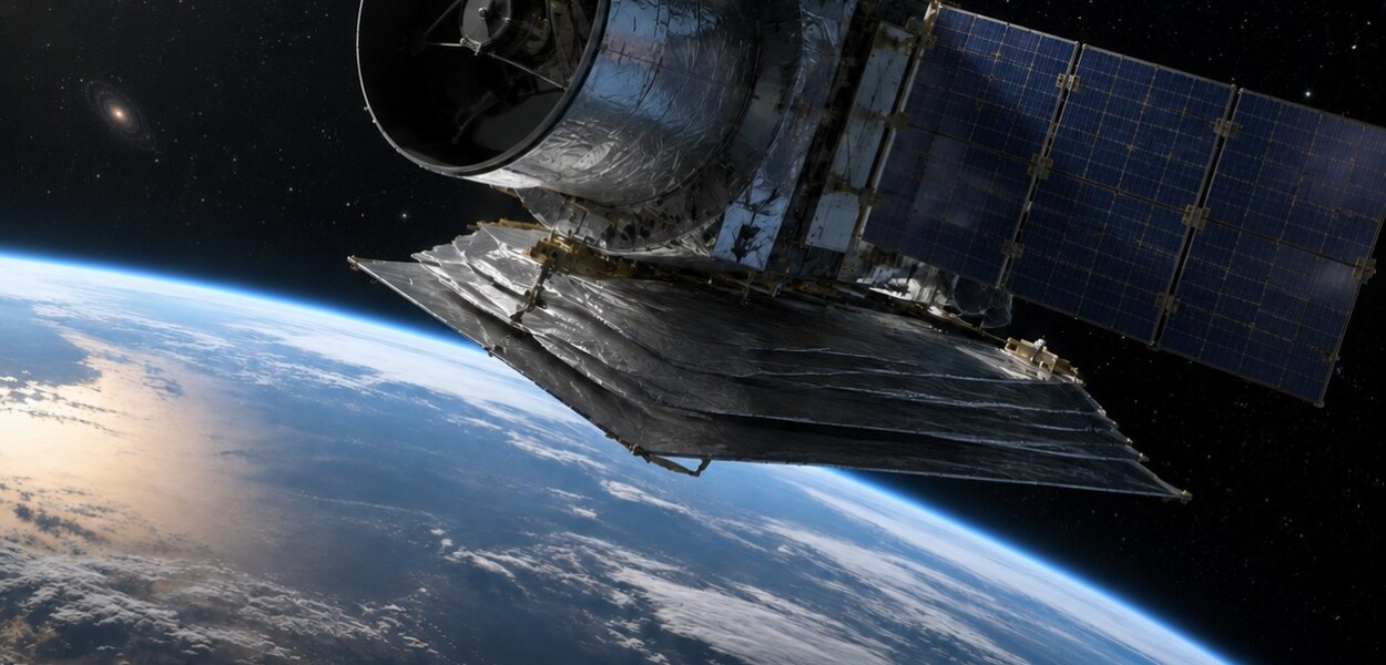 Telescopio espacial Roman sobre la Tierra con el titular y el logotipo de TecnoAp21