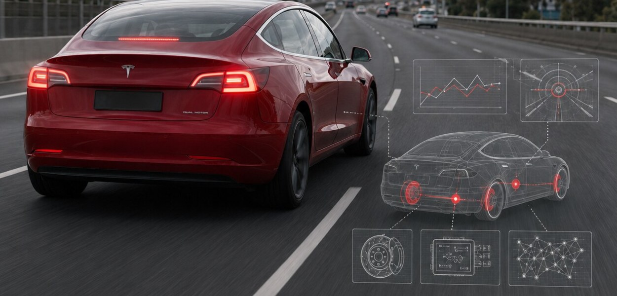 Tesla rojo en una autopista con el titular sobre el posible acceso de un experto a sus sistemas internos