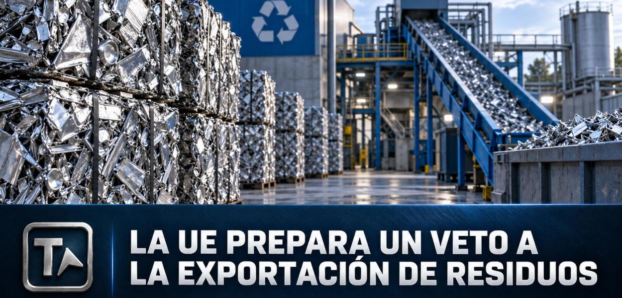 Planta europea de reciclaje de aluminio con el titular sobre el veto a la exportación de residuos