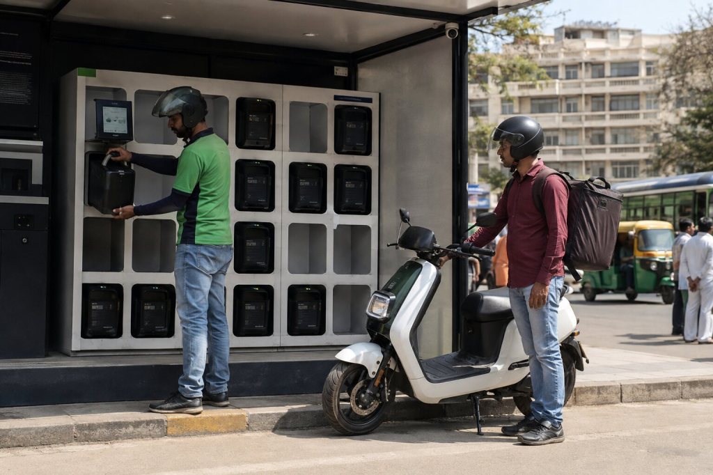 Dos repartidores utilizan una estación de intercambio de baterías para motocicletas eléctricas en India
